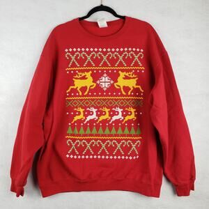 Jerzees Size XL Holiday Fair Isle Sweatshirt Red Reindeer Ugly Sweater Party